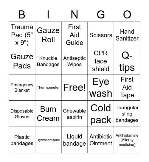 First Aid Bingo Card