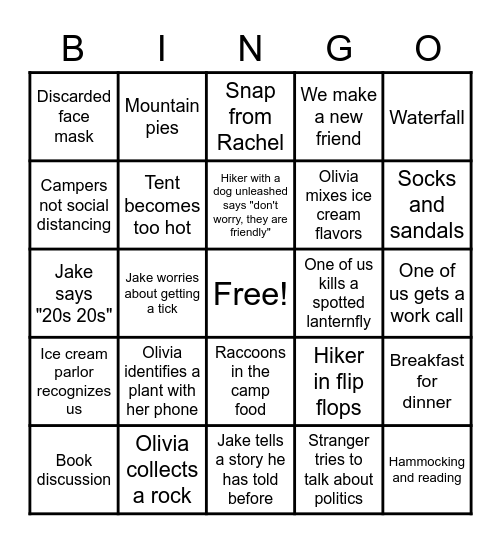 Ohiopyle Camping Bingo Card