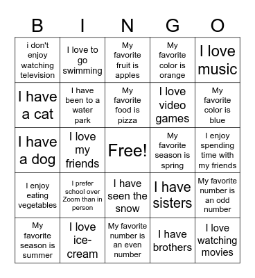 Friendship Bingo Card