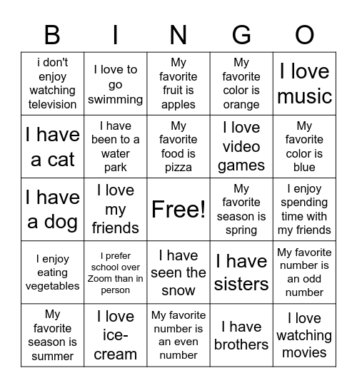 Friendship Bingo Card