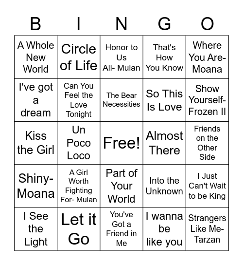 Music Bingo-Disney Bingo Card