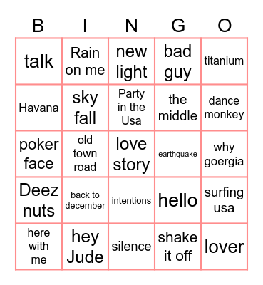 Songs Bingo Card