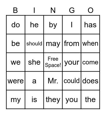 Trick Word Bingo Card