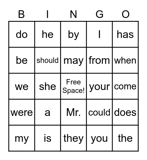 Trick Word Bingo Card