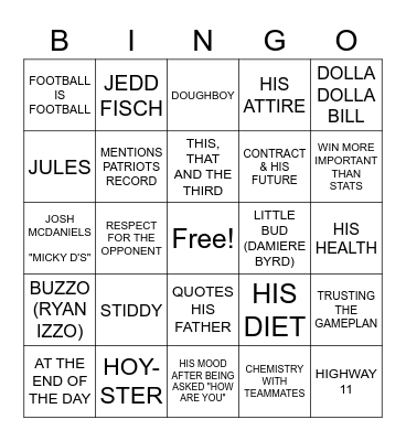 CAM NEWTON BINGO Card