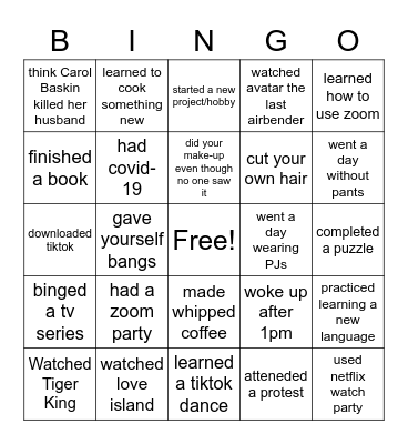 Quarantine Bingo Card