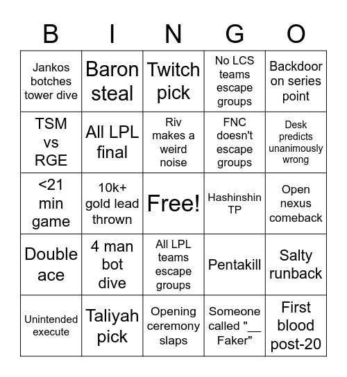 Worlds 2020 Bingo Card
