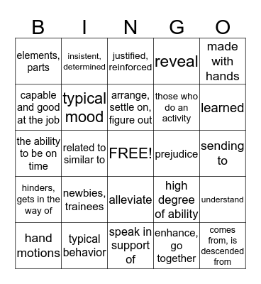 Vocabulary Bingo Card