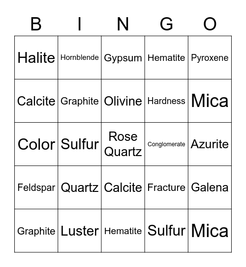 Mineral Identification Bingo Card