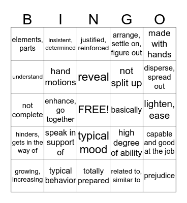 Vocabulary Bingo Card