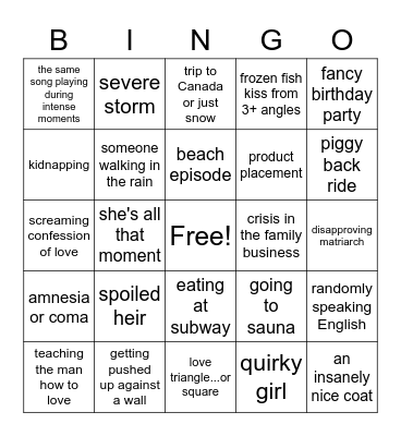 K Drama Tropes Bingo Card