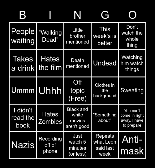 Zombies Bingo Card