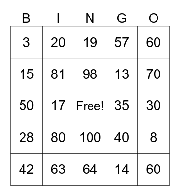 Numeros del 0 al 100 Bingo Card