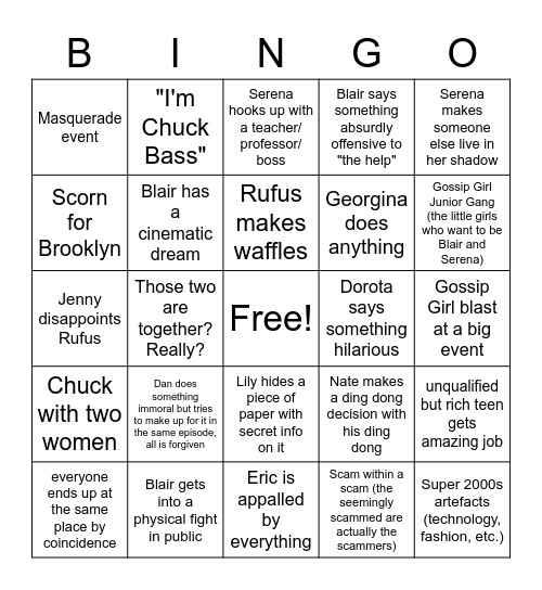 Gossip Girl Bingo Card