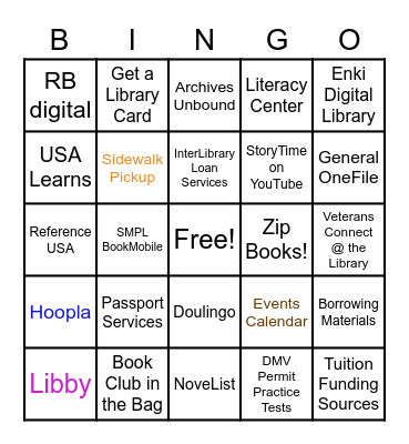 SMPL Resources and Services Bingo Card