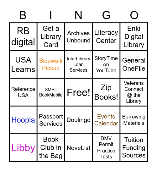 SMPL Resources and Services Bingo Card
