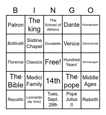 Renaissance Review! Bingo Card
