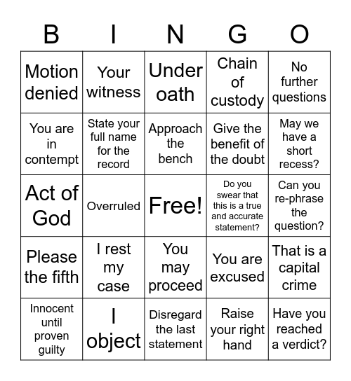 Courtroom Bingo Card