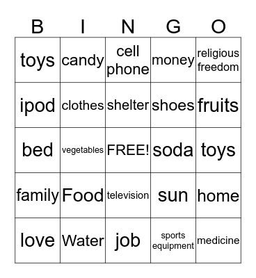 Needs vs. Wants Bingo Card