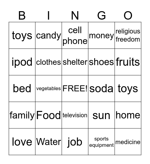 Needs vs. Wants Bingo Card