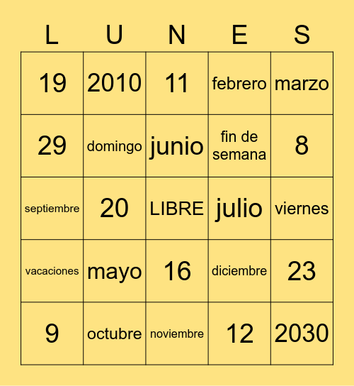 EL CALENDARIO Bingo Card