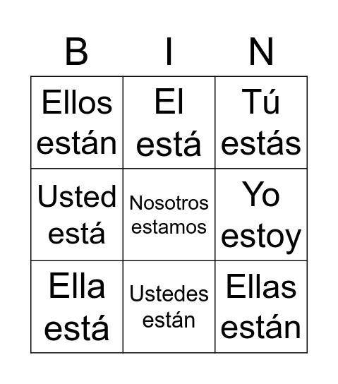 El verbo estár Bingo Card