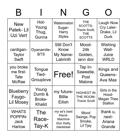 Today's Hits Bingo Card