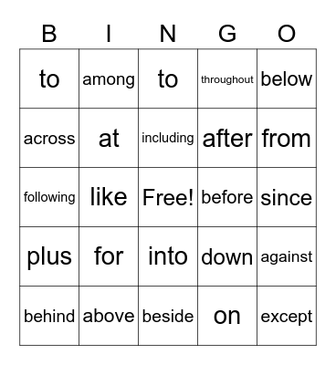 Preposition Bingo Card