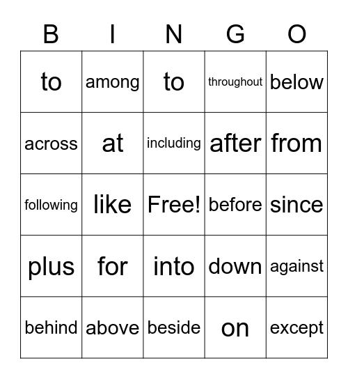 Preposition Bingo Card