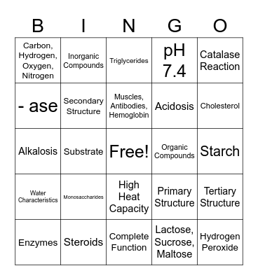 BioChemistry Test Review Bingo Card