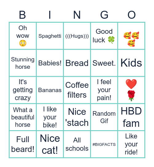 FB suggested comments Bingo Card