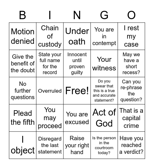 Courtroom Bingo Card