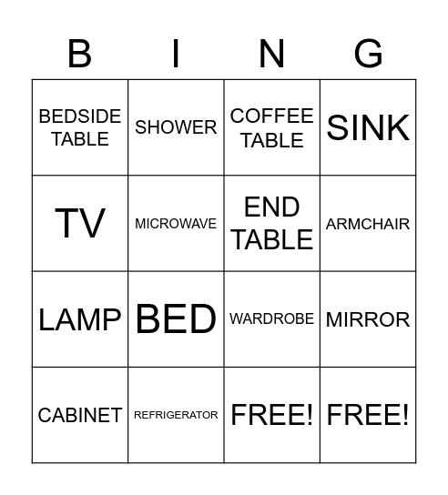 Vocabulary Review (Houses) Bingo Card