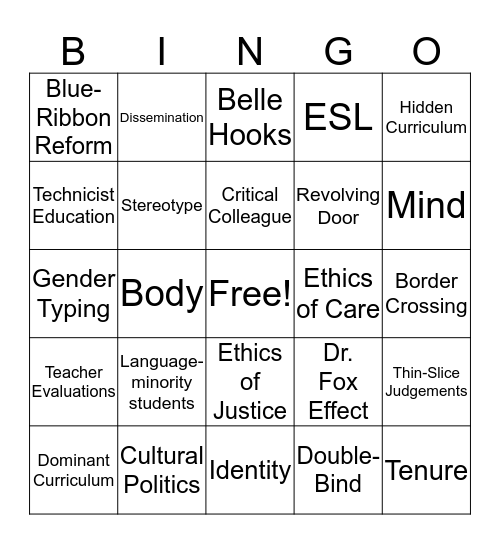 Academic Faculty and Teacher Education Bingo Card