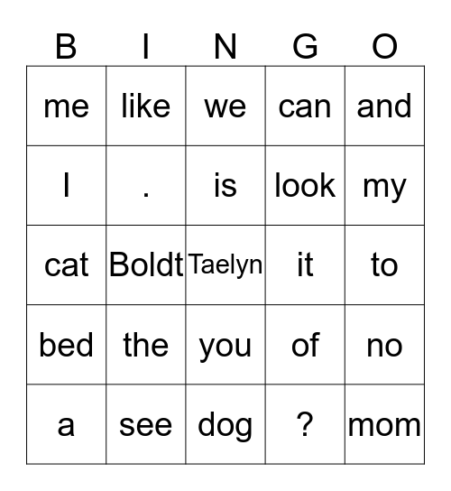 Sightword Bingo Card