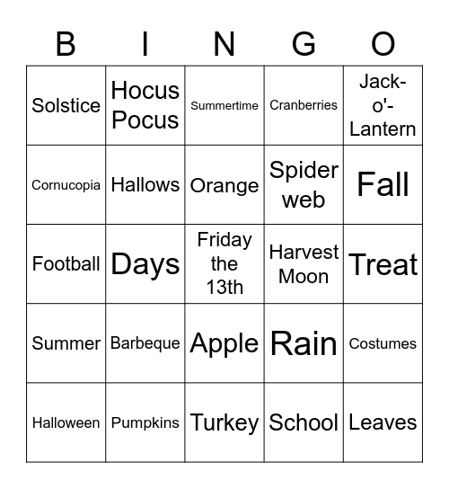 Summer to Autumn Bingo Card