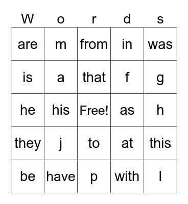 Words & Letters Bingo Card