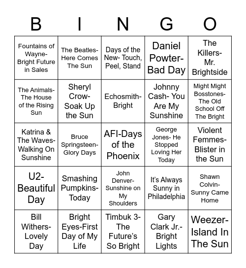 Total-Quiz.com Presents Radio Bingo: Bright, Sunny, Day Bingo Card