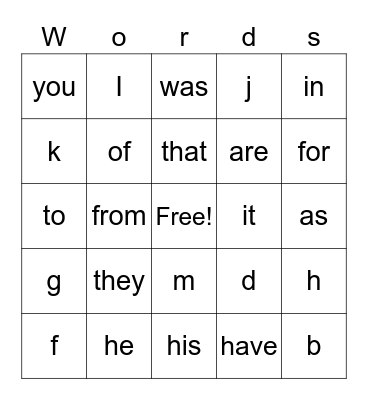 Words and Letters Bingo Card