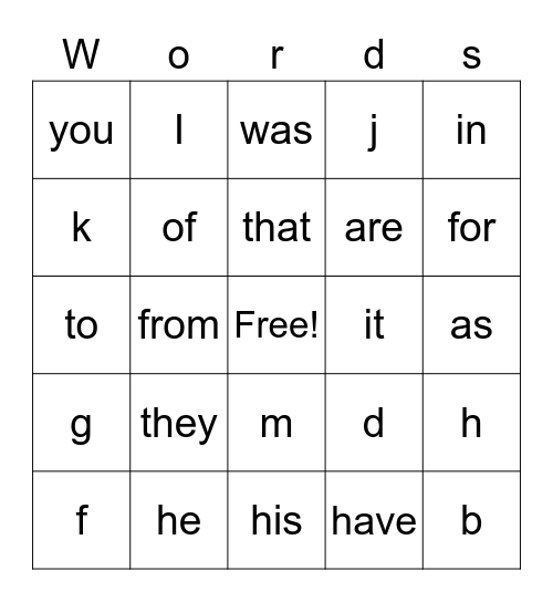 Words and Letters Bingo Card
