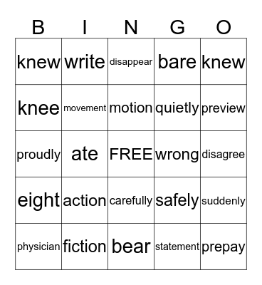 Spelling Bingo Card