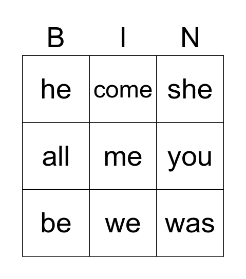 Tricky Word Bingo Card