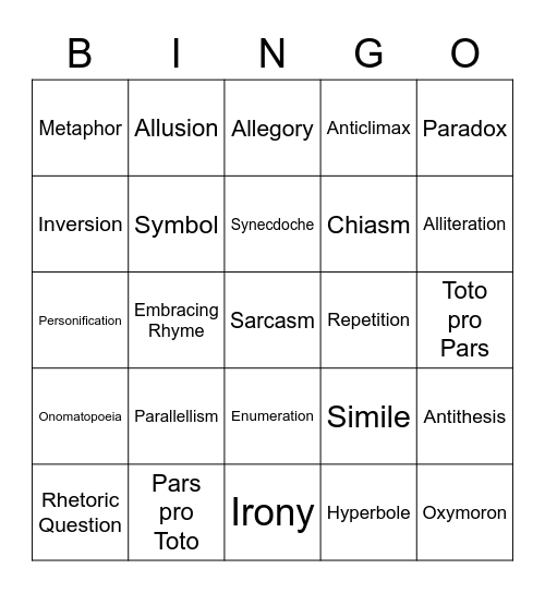 Stylistic Devices Bingo Card