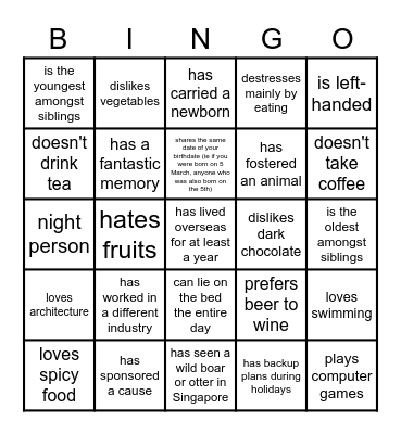 Knowing You Bingo Card