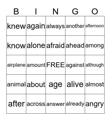 Spelling Bingo Card