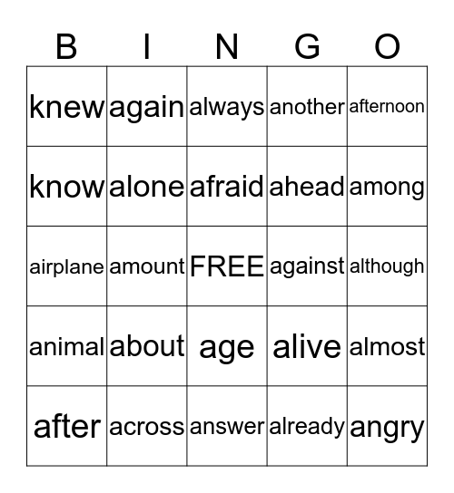 Spelling Bingo Card