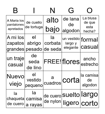 Adjetivos que se usan con la ropa/quedar/tener/ser Bingo Card