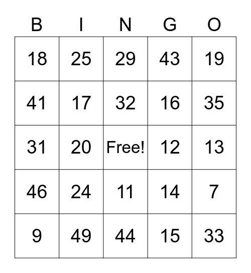 Numbers to 50 Bingo Card