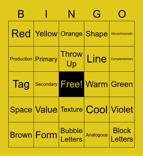 Elements, Color Theory & Graffiti Bingo Card