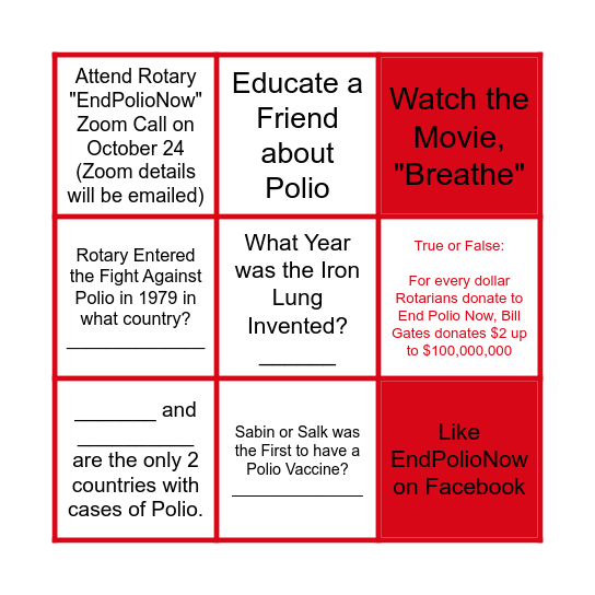 World Polio Day Bingo Card